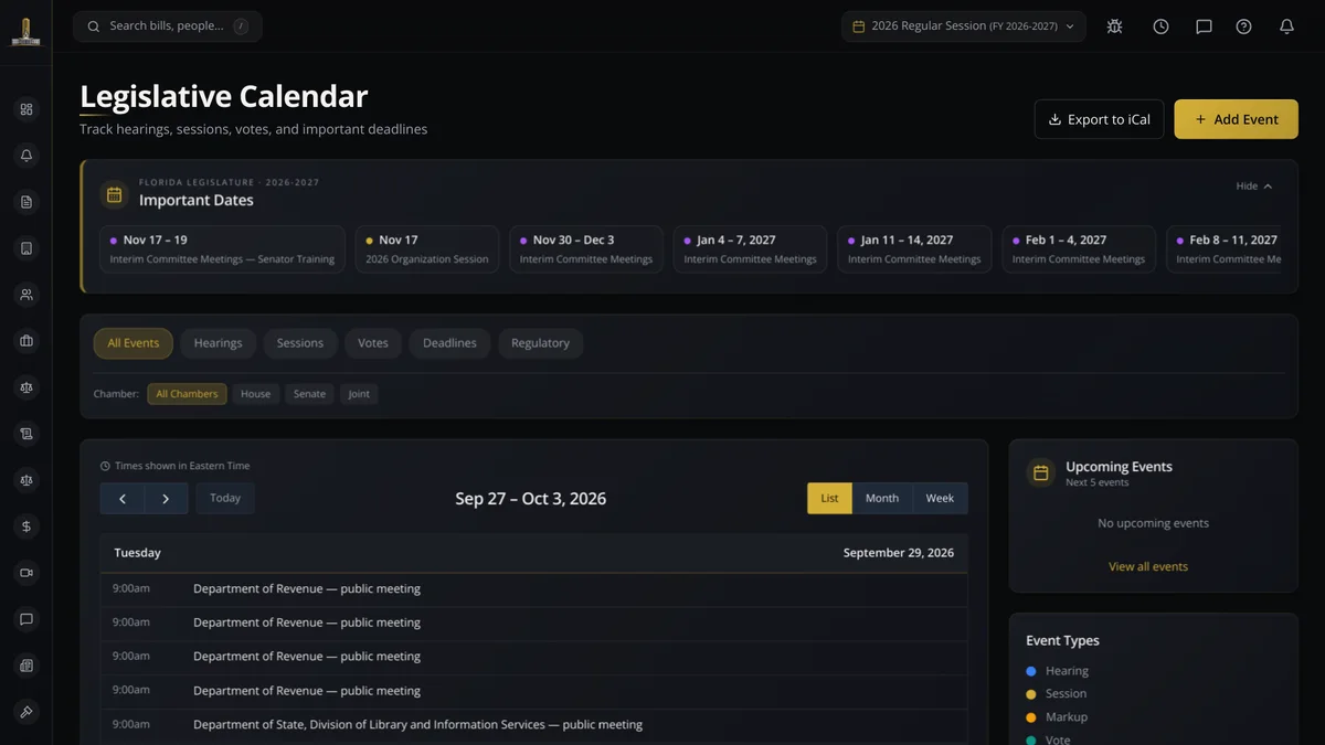 The legislative calendar with hearings and important dates